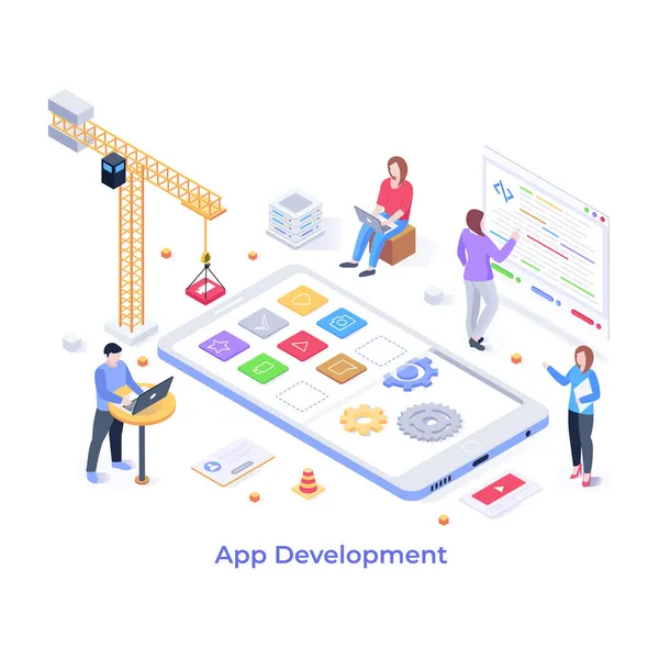 Ilustração Vetorial Isométrica Desenvolvimento Aplicativos —  Vetores de Stock