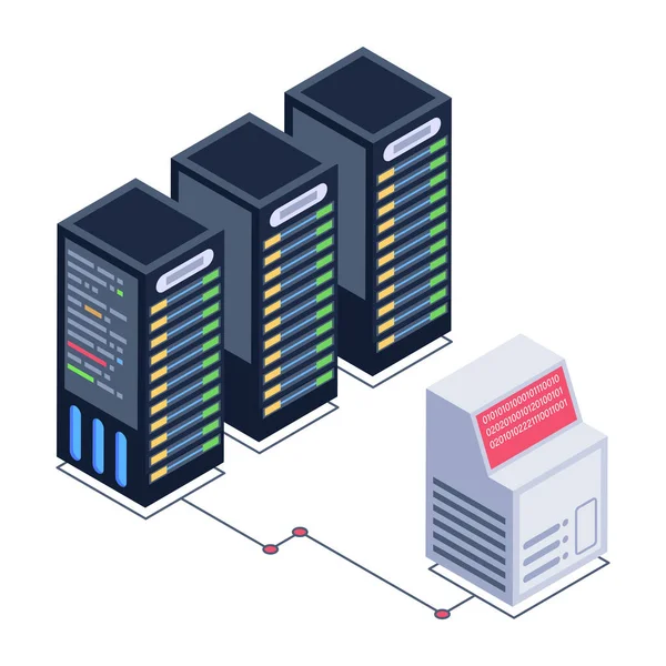 Sala Server Isometrica Con Server Illustrazione Vettoriale Del Cloud Computing — Vettoriale Stock