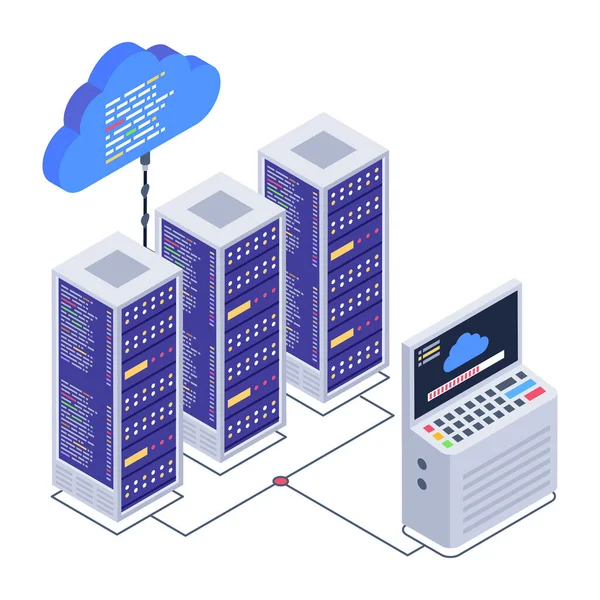 Ізометрична Векторна Ілюстрація Серверної Кімнати Серверами Хмарними Обчисленнями — стоковий вектор