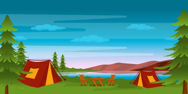 Camping Tält Med Läger Och Lägereld Vektor Illustration Design — Stock vektor