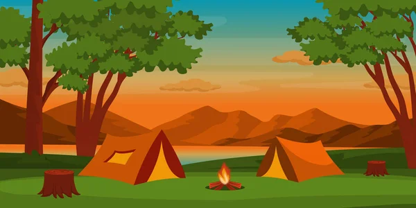 Campingtält Med Läger Och Träd — Stock vektor