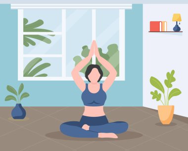 Kadın, spor salonu vektör illüstrasyonunda yoga yapıyor.