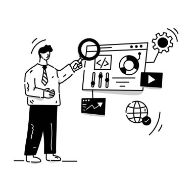 Büyüteç ve akıllı telefon vektör illüstrasyon tasarımına sahip iş adamı