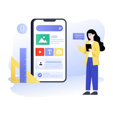 Tableti ve akıllı telefonu olan bir kadının vektör çizimi