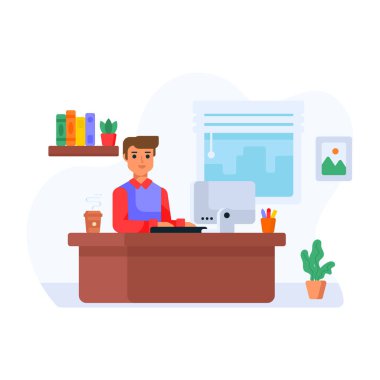 Genç adam dizüstü bilgisayarla çalışıyor, vektör illüstrasyonu