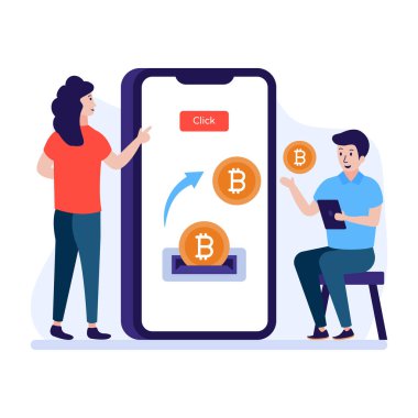 Telefonlu kadın ve erkek, Bitcoin vektör çizimi