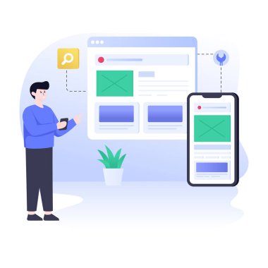 Akıllı telefonu olan ve online sohbet vektörü illüstrasyonu olan bir adam