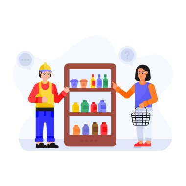 Süpermarkette buzdolabı olan bir kadının vektör çizimi.