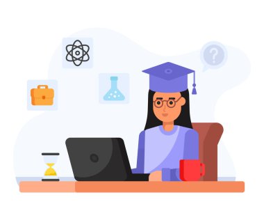 Dizüstü bilgisayar eğitimi vektör illüstrasyonuna sahip öğrenci