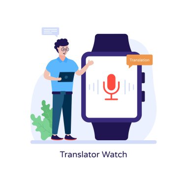 Çevirmen saati olan genç bir adam.