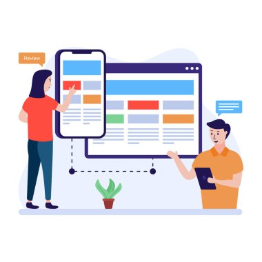 Akıllı telefon ve tablet bilgisayar vektör illüstrasyonlu kadın