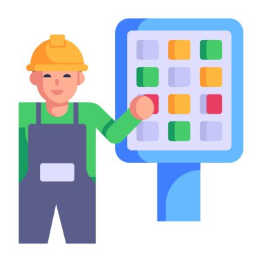 Elinde tornavida ve yeşil kask olan bir işçi.