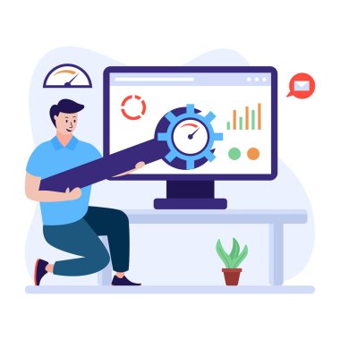 Dizüstü bilgisayarı ve akıllı telefon vektör çizimi tasarımı olan bir adam