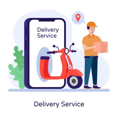 Teslimat. Akıllı telefonu ve sakalı olan bir kurye. vektör illüstrasyonu