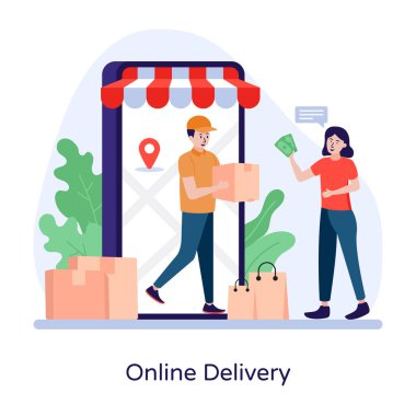 Elinde bir kutu yiyecekle akıllı telefon tutan bir kadının vektör çizimi