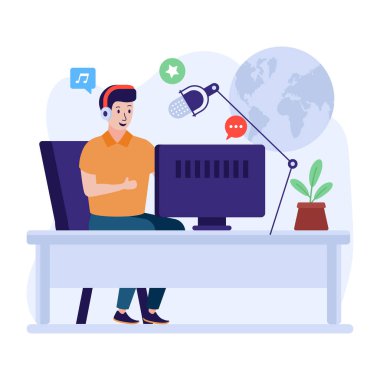 Bilgisayarlı adam, radyo konsept vektör çizimi