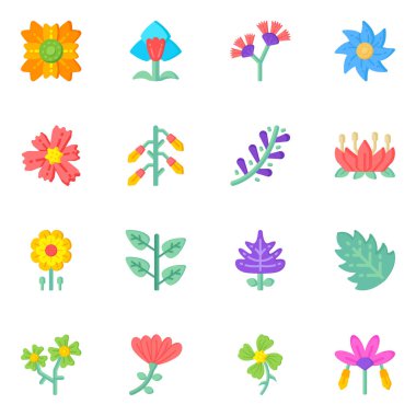 Çiçek ve yaprak seti, vektör illüstrasyonu