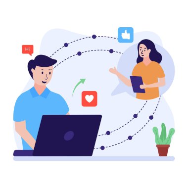 Laptop ve sosyal ağ vektör çizimine sahip insanlar