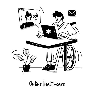 Dizüstü bilgisayarda çalışan engelli bir kişinin vektör çizimi