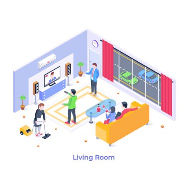 Oturma odasındaki bir grup insanın izometrik vektör çizimi