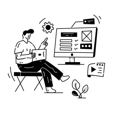 Dizüstü bilgisayar ve iş konsepti üzerinde çalışan iş adamlarının vektör çizimi