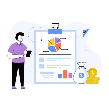Para çantası ve grafik vektör illüstrasyon tasarımına sahip iş adamı