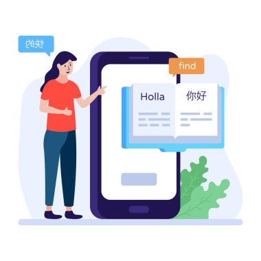 Akıllı telefon ve kitap vektörü çizimi olan kadın
