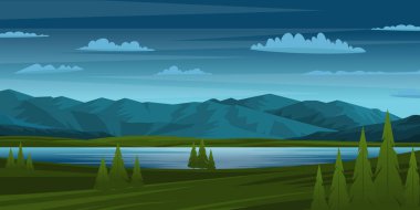 Doğada, gölde ve dağlarda gecenin vektör illüstrasyonu 