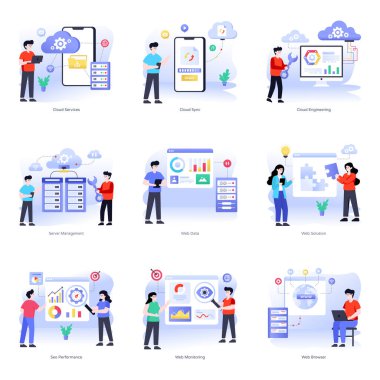 SEO modern simgeleri, pazarlama ve dijital depolama kavramının tasarım vektörü çizimi