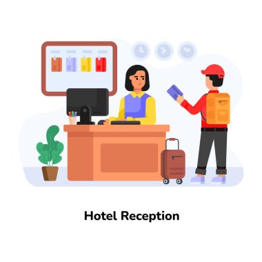 Havaalanında bavulu ve bilgisayarı olan bir kadın. vektör illüstrasyonu