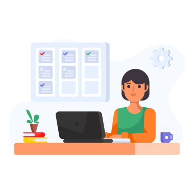 Laptop ve bilgisayar vektör çizimi tasarımı ile çalışan genç bir kadın