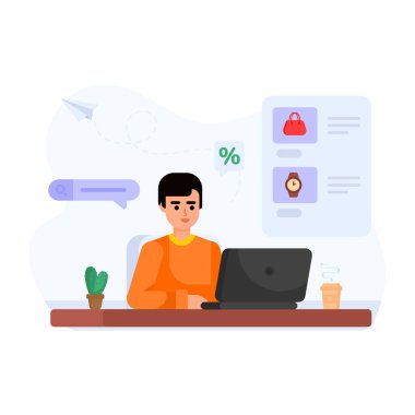 Genç adam dizüstü bilgisayarla çalışıyor, vektör illüstrasyonu