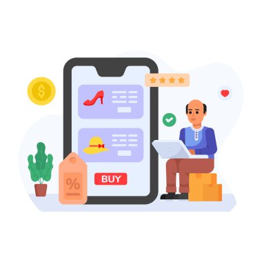 Çevrimiçi alışveriş kavramı, dizüstü bilgisayar ve akıllı telefonla çalışan iş adamlarının düz tasarım çizimi.