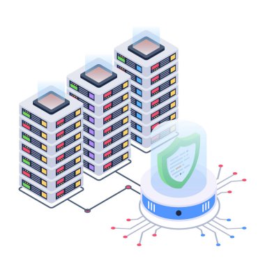 Bulut ve teknoloji simgeleriyle izometrik şehir binaları. vektör illüstrasyonu