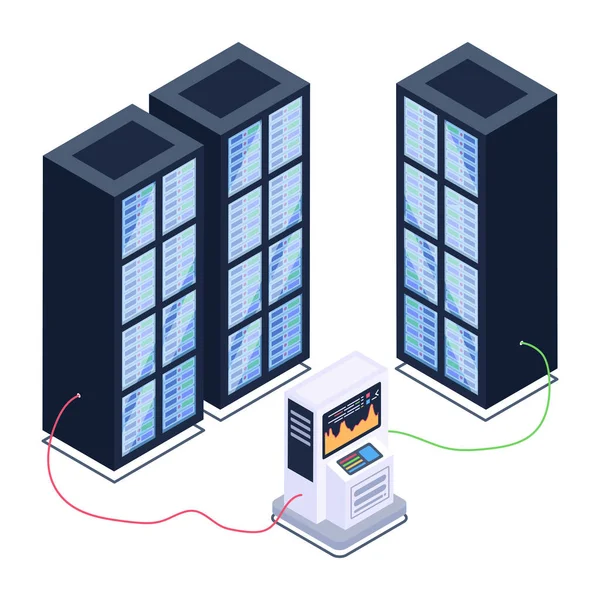 Isometrische Vektordarstellung Des Serverraums Mit Servern Und Laptop — Stockvektor