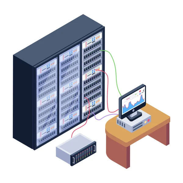 Sala Server Computer Isometrica Con Progettazione Database Computer Portatile Vettoriale — Vettoriale Stock