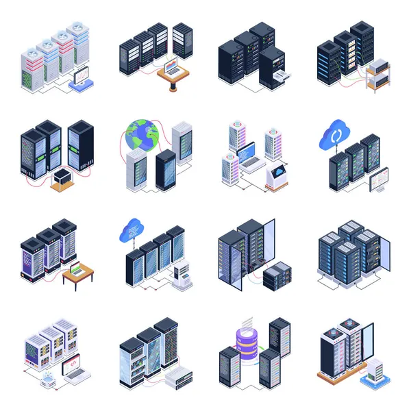 Set Icone Isometriche Illustrazione Del Fumetto Icona Vettoriale Del Server — Vettoriale Stock