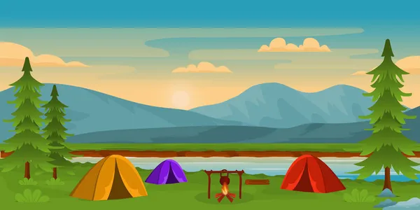 Camping Tält Med Berg Och Skog Vektor Illustration — Stock vektor