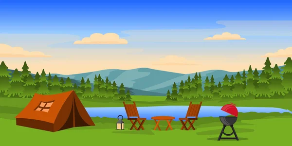 Zeltlager Mit Picknickkorb Und Berglandschaft — Stockvektor