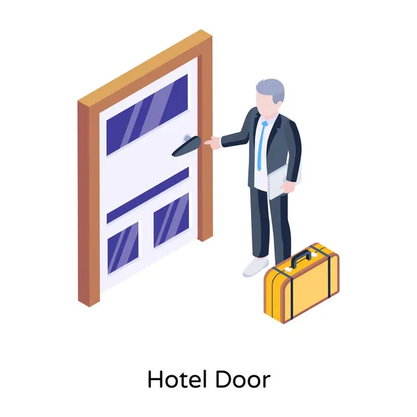 Icono Plano Negocios Isométrico Hombre Negocios Con Maleta Hotel — Vector de stock