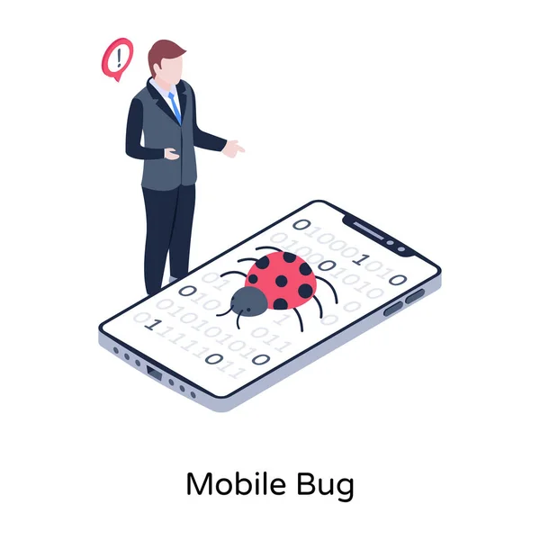 スマートフォンやモバイルのバグのイラストデザインを持つビジネスマン — ストックベクタ