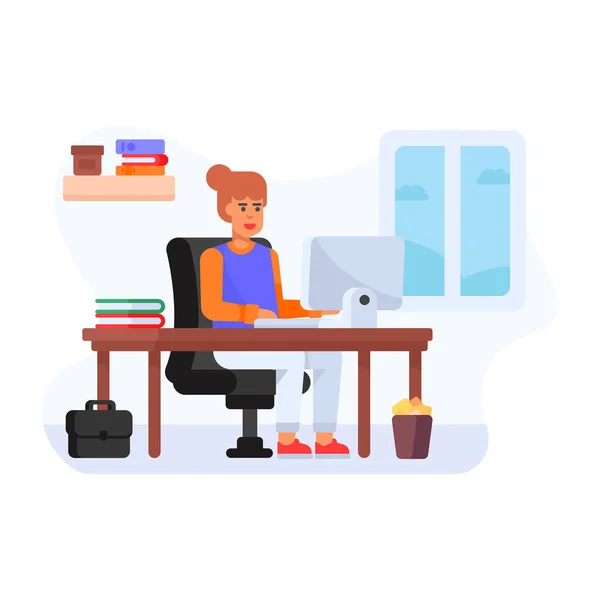 Γυναίκα Κάθεται Στο Γραφείο Laptop Διανυσματική Απεικόνιση — Διανυσματικό Αρχείο