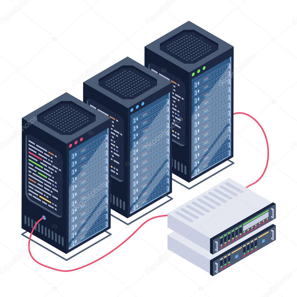 data servers hosting isometric icon, vector illustration