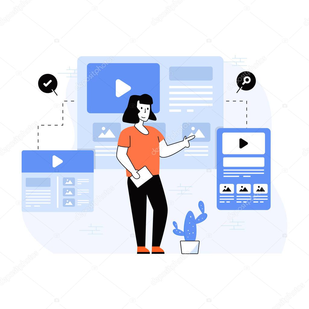 online news. woman with laptop. vector illustration