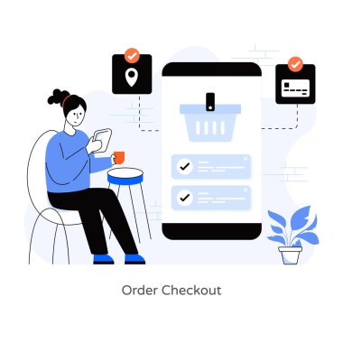 İnternetten alışveriş. Bir fincan kahveli kadın. vektör illüstrasyonu