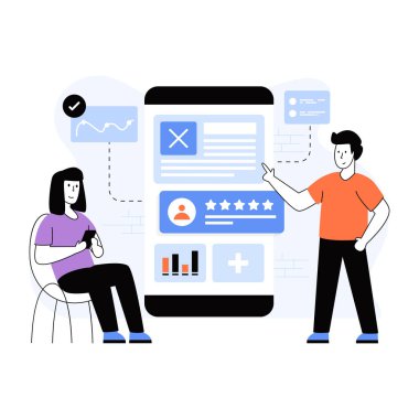 Akıllı telefon vektör çizimine sahip erkek ve kadın