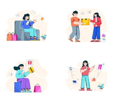 Alışveriş torbası taşıyan bir grup insan, vektör çizimi