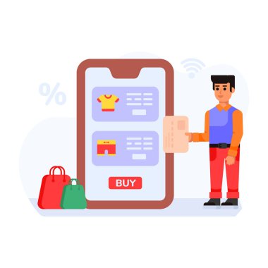 Adam kredi kartı illüstrasyonuyla online alışveriş yapıyor