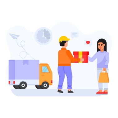 Karton kutu çizimi olan teslimatçı adam ve kadın.