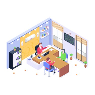 Odanın içinde insanlar ve mobilyalarla birlikte izometrik bir iç mekan. vektör illüstrasyonu